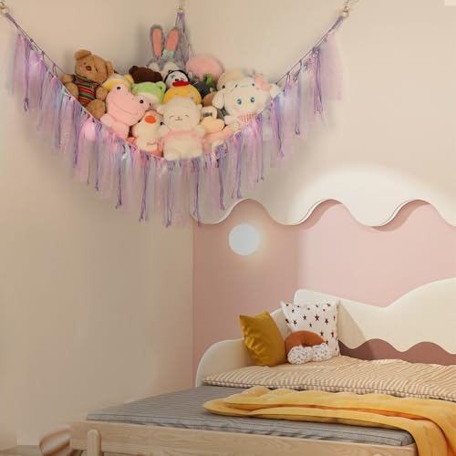 Large Stuffed Animal Hammock with LED Lights - Handwoven Cotton Toy Organizer
