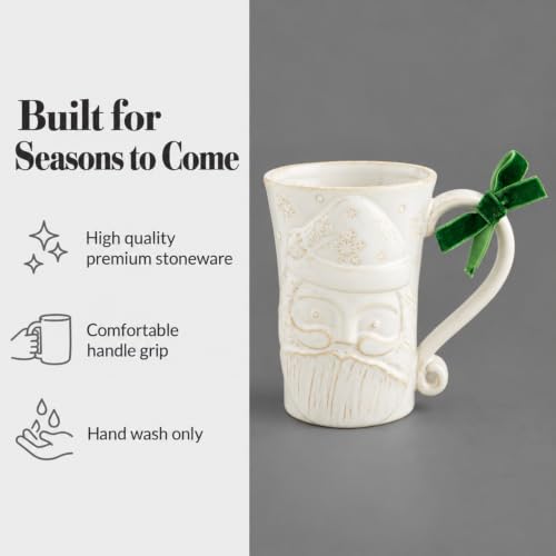 Mud Pie Santa Christmas Mug 12 oz Embossed Stoneware with Green Velvet Bow