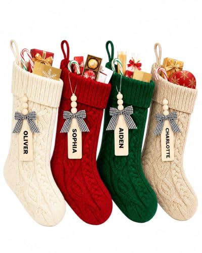 Personalized Knit Christmas Stockings with Wood Name Tags - 18 Inch Set of 4