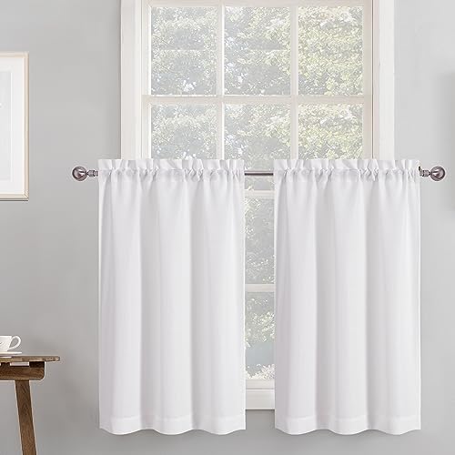 White Faux Linen Tier Curtains 36 Inch - Light Filtering Cafe Curtains, 2 Panels