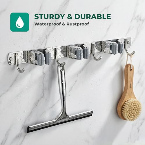 Stainless Steel Mop and Broom Holder Wall Mount with 3 Racks and 4 Hooks