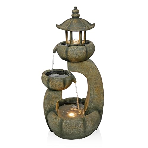 32-Inch 2-Tier Pagoda Fountain with LED Lights for Garden and Patio