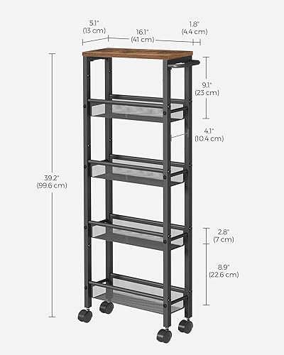 Slim 5-Tier Rolling Storage Cart, 5.1-Inch Narrow Organizer with Wheels