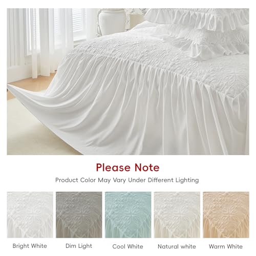 Queen White Ruffle Skirt Bedspread Set - 3-Piece Vintage Boho Quilt Coverlet
