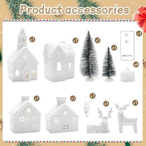 14-Piece Ceramic Christmas Village Set with LED Lights and Santa Figurine
