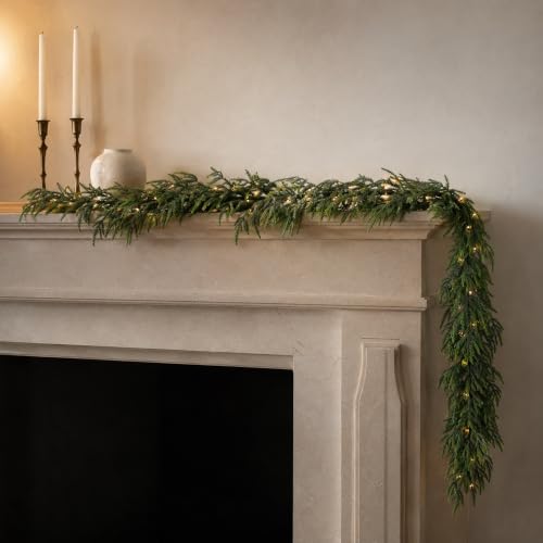 9FT NorfolK Pine Christmas Garland with 50 Warm LEDs, Battery-Operated