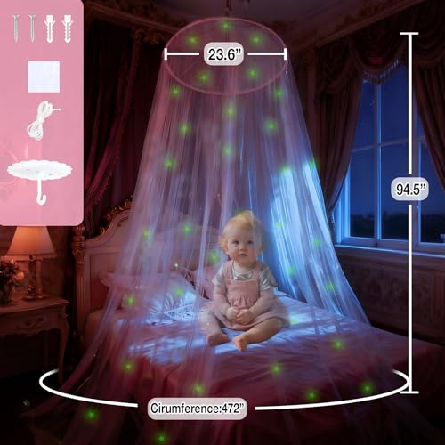 Pink Princess Bed Canopy with Glow-in-the-Dark Stars for Girls Room