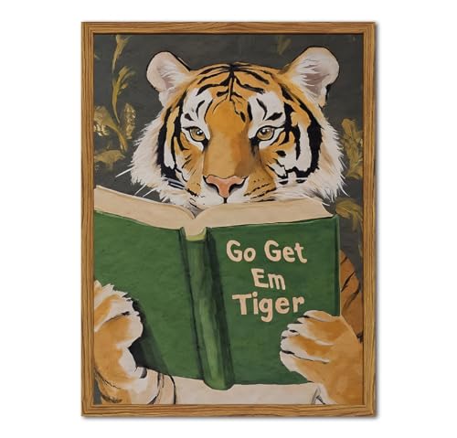 Funny Tiger Reading Canvas Wall Art - 12x16 Framed Motivational Decor