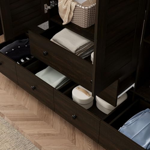 Tall Bedroom Wardrobe with Louvered Doors, Shelves, and Drawers - Vintage Brown