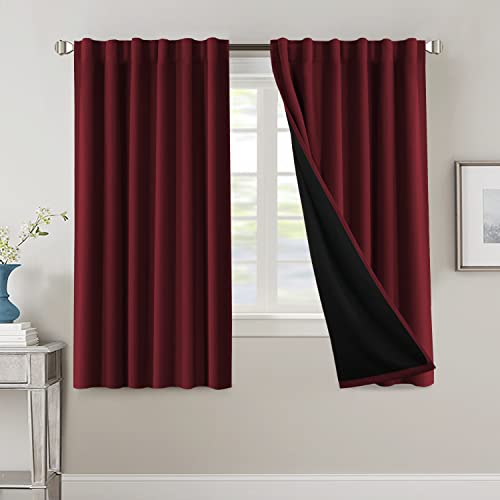 100% Blackout Curtains - Burgundy Red Thermal Drapes, 63" Long, 2 Panels