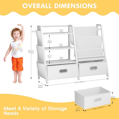Kids Bookshelf and Toy Storage Organizer with 2 Bins, 3-Tier White Wood