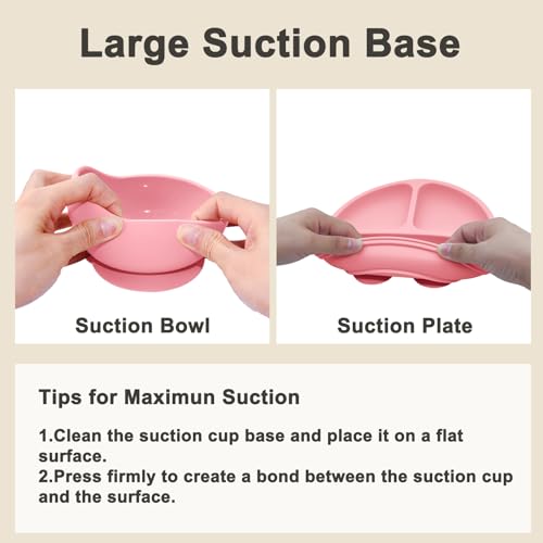 Silicone Baby Feeding Set with Suction Plate, Bowl, Bib and Utensils Pink