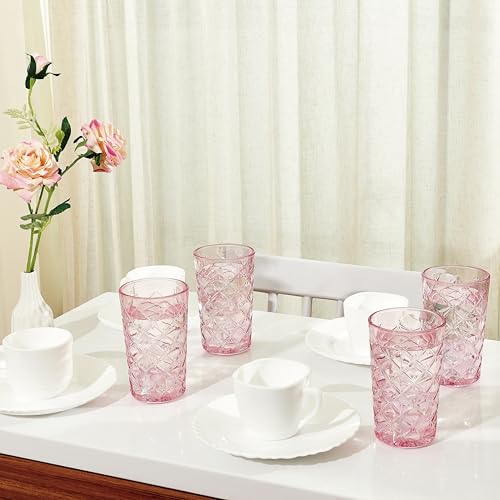 Pink Vintage Cross Hatch Highball Glass Set of 4, 15.5oz Drinking Water & Cocktail Glasses