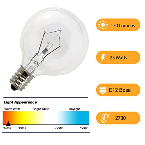 25W G50 Wax Warmer Replacement Light Bulbs - E12 Candelabra Base, 6 Pack