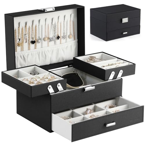 3-Layer Jewelry Organizer Box with Drawer, Large PU Leather Storage Case