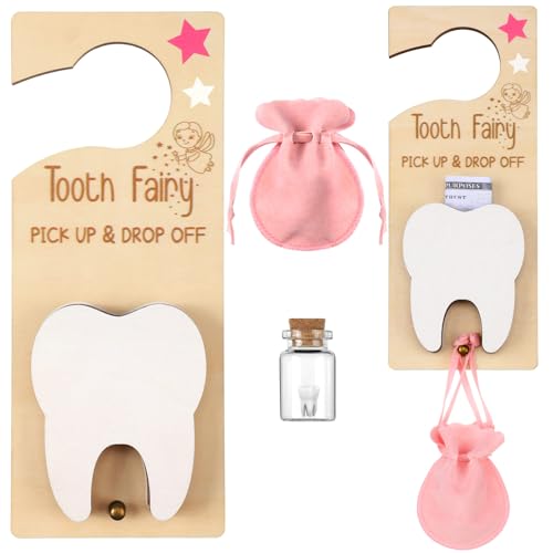 Wooden Tooth Fairy Door Hanger Kit with Keepsake Pouch and Bottle