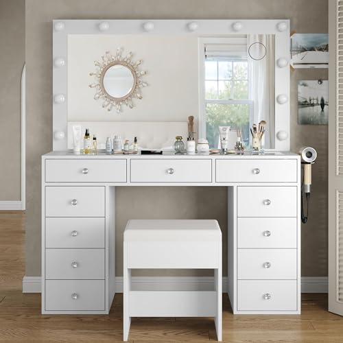 Vanity Desk with Mirror, 12 LED Lights, 11 Drawers, and Charging Station