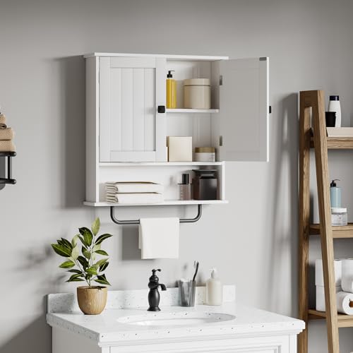 Wall Mounted Bathroom Medicine Cabinet with Towel Bar and Adjustable Shelf