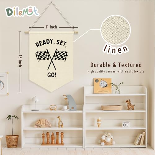 Ready Set Go Race Car Pennant Banner - Linen Wall Hanging for Kids Room