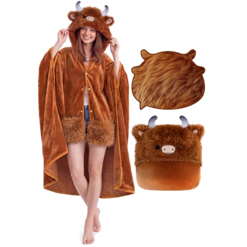 Highland Cow Wearable Blanket Hoodie - Oversized Plush Sherpa Blanket