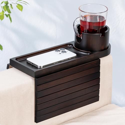 Foldable Bamboo Couch Arm Tray with 360° Rotating Cup Holder & Phone Stand