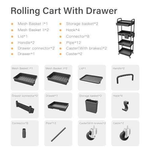 4-Tier Rolling Utility Cart with Drawer, Mobile Organizer Shelf - Black
