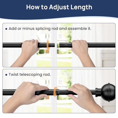 No-Drill Adhesive Curtain Rods 2 Pack - Adjustable 28-48 Inch, Black
