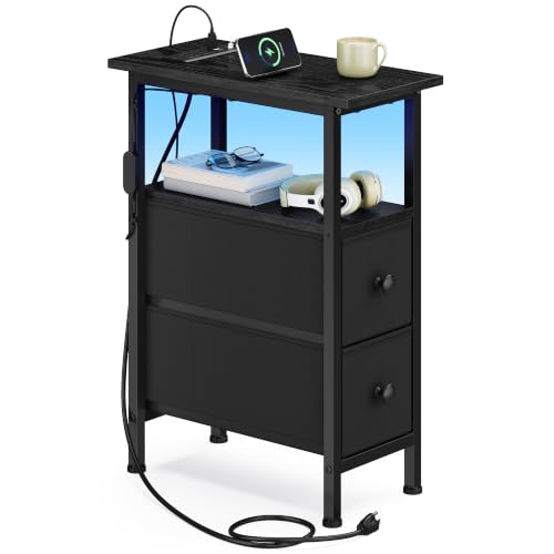 Narrow Side Table with LED Light & Charging Station, 2-Drawer Nightstand