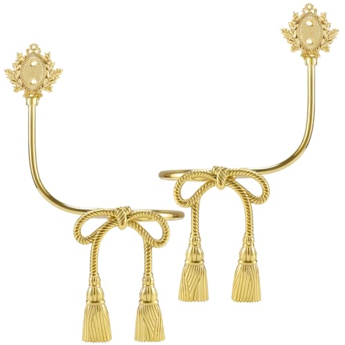 Gold Brass Bow Curtain Holdbacks, Set of 2 Decorative Wall-Mounted Hooks