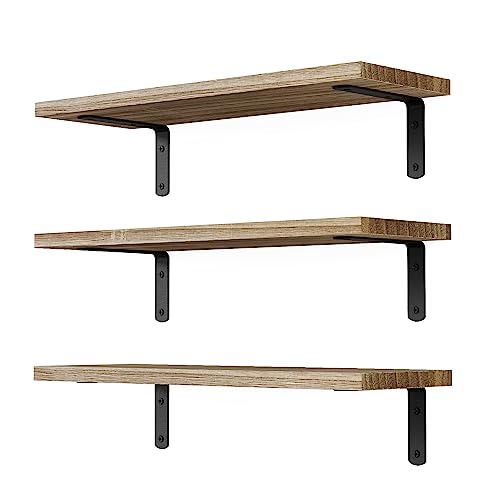 3-Piece Solid Wood Floating Wall Shelves, 16.5-Inch Rustic Storage Ledges