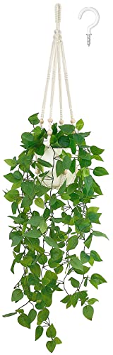 Artificial Hanging Pothos Plant with Macrame Hanger & Pot for Indoor Decor