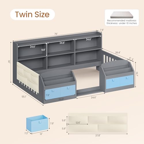 Twin Montessori Floor Bed Frame for Toddlers with Storage Drawers & Bookshelves