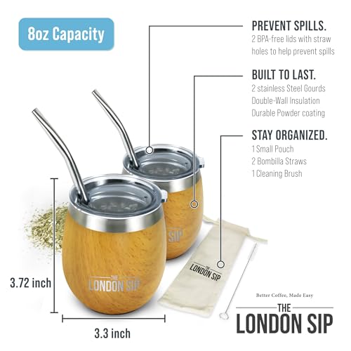 London Sip Yerba Mate Cup & Bombilla Set with 2 Burl Wood Gourds, Spill-Resistant Lids & Accessories