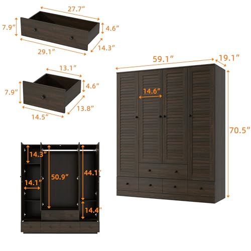 Tall Bedroom Wardrobe with Louvered Doors, Shelves, and Drawers - Vintage Brown