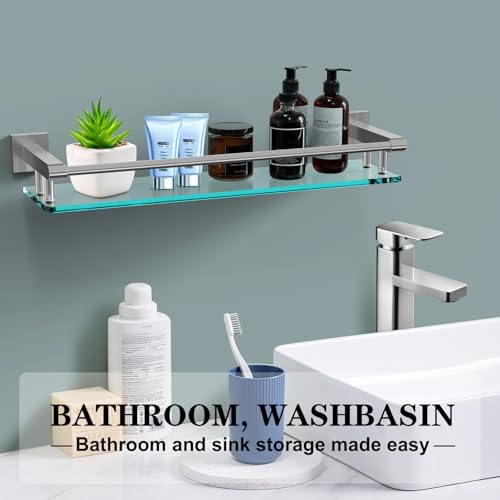 20-Inch Tempered Glass Bathroom Wall Shelf with Brushed Nickel Railing
