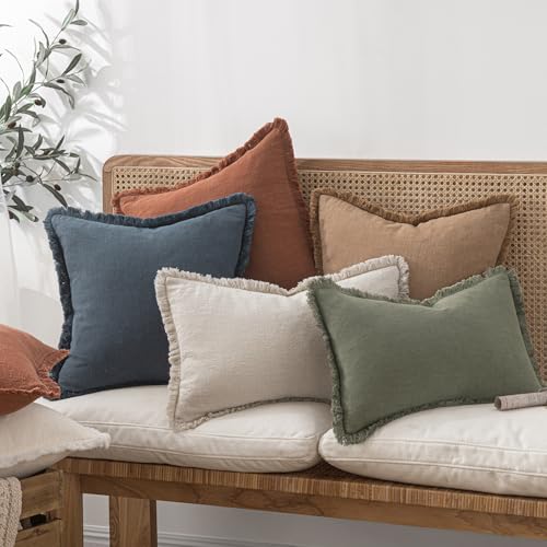 MIULEE 20x20 Inch Linen Fringe Decorative Throw Pillow Covers Set of 2 Natural Beige Farmhouse Style