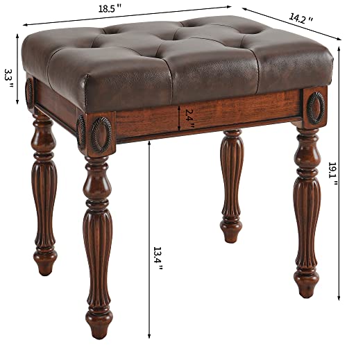 Vintage Wood Writing Desk and Button-Tufted Stool Set with 2 Drawers