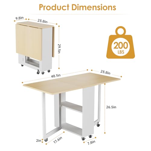 Folding Dining Table with Storage Shelf and Rolling Wheels, White