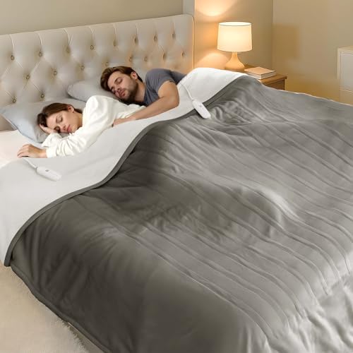 Queen Size Heated Electric Blanket with Dual Control, Grey - 5 Heat Settings, 10-Hour Auto Off, Washable
