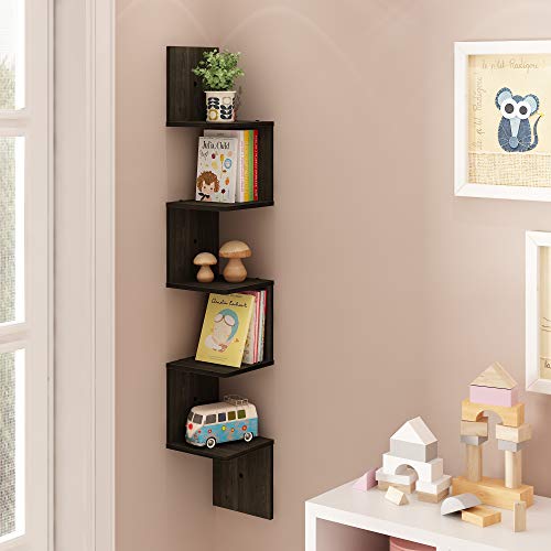 5-Tier Corner Floating Wall Shelf, Espresso Zigzag Storage Display