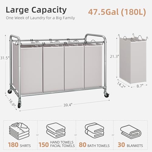 4-Section Laundry Sorter with Wheels, 180L Heavy-Duty Rolling Hamper Cart