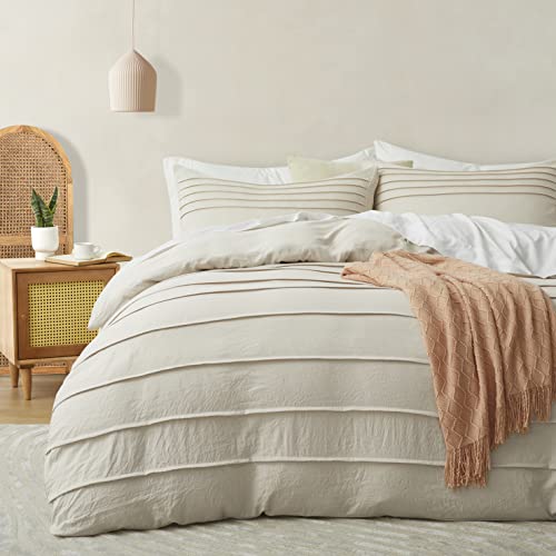 3-Piece Pleated Duvet Cover Set King - Soft Beige Microfiber Bedding