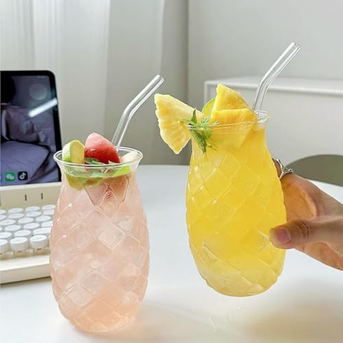 6-Pack Pineapple Drinking Glasses with Straws, 17 Oz Embossed Glassware