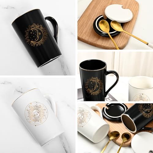 Maustic Sun & Moon Mugs 14oz - Black/White Aesthetic Boho Coffee Cups Gift Set