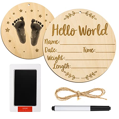 Wooden Baby Birth Announcement Sign with Ink Pad for Newborn Keepsake