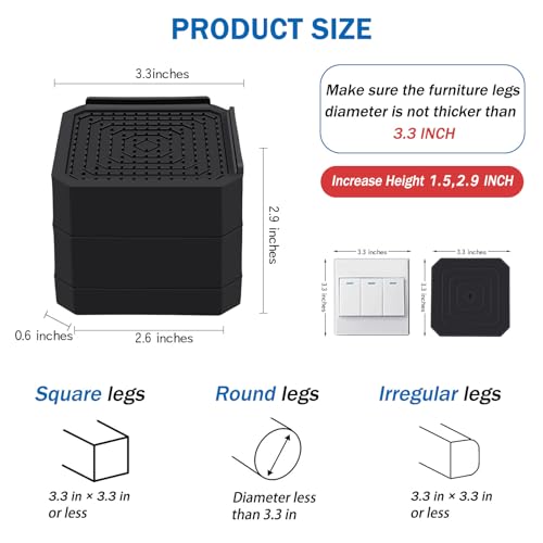 Heavy Duty Bed Risers, Adjustable 3 Inch Elevation, 4 Pack