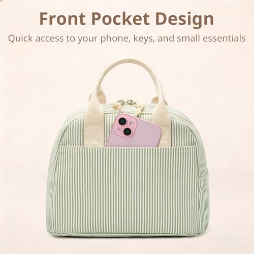 Insulated Lunch Tote Bag, Green Stripe Lunch Box for Office and Travel