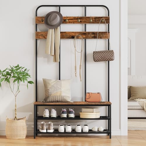 Industrial Hall Tree with Bench, 12-Hook Coat Rack and Shoe Storage Organizer