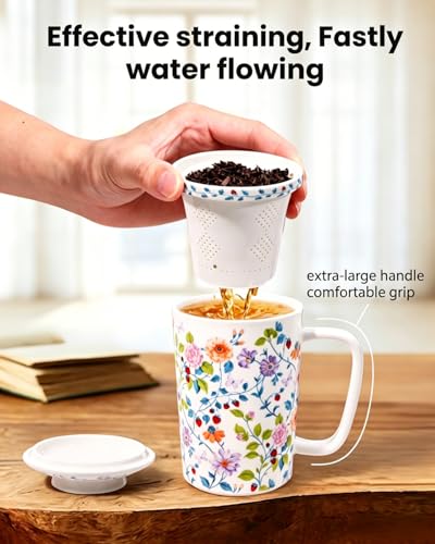 Vibrant Floral Ceramic Tea Mug with Infuser & Lid, 16oz, Perfect for Loose Leaf Tea