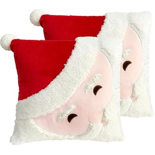 2Pcs Christmas Pillow Covers 18x18 Inch - Santa Claus Theme Square 3D Embroidered Velvet Pillowcases, Fun Winter Indoor Decoration for Bed and Sofa